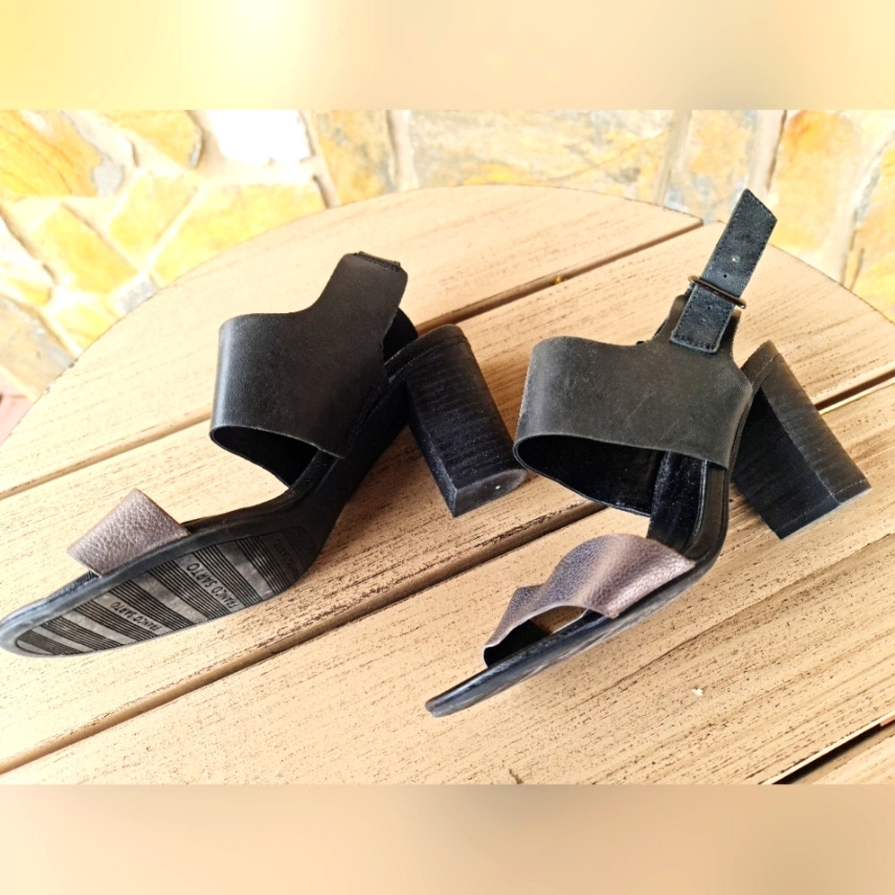 Franco Sarto Block Heel Slingback Open-Toe Leather Black Silver Boho Size 8M